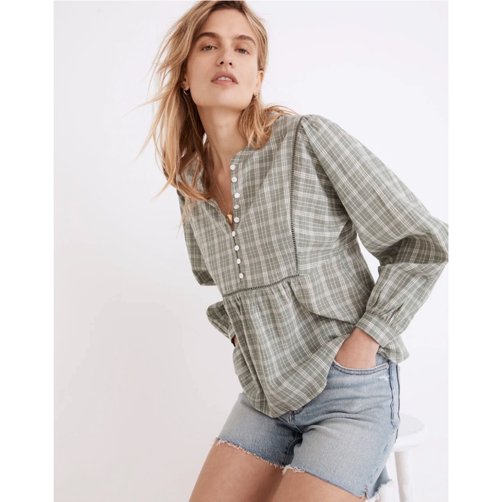madewell peasant henley plaid bubble sleeve peplum top blouse cotton sea green